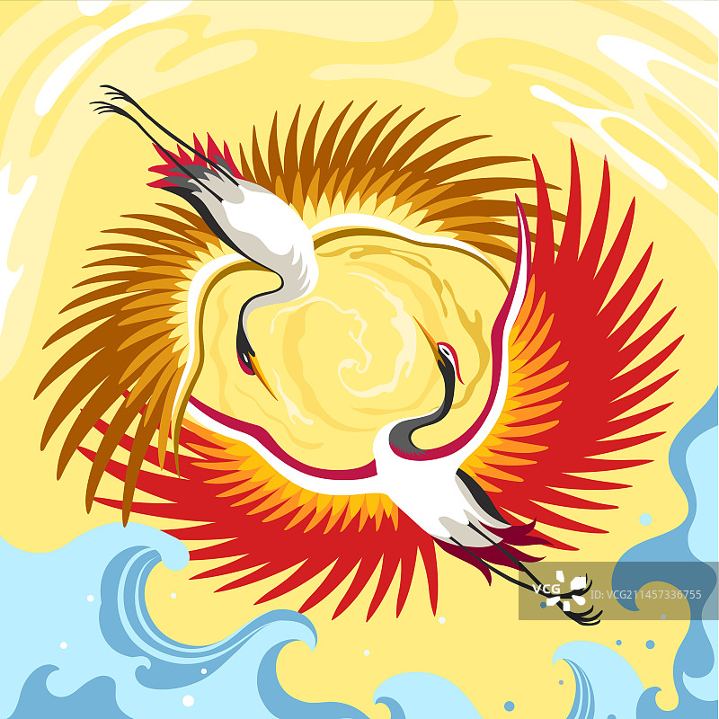 海浪白云环绕飞往高空的仙鹤图片素材