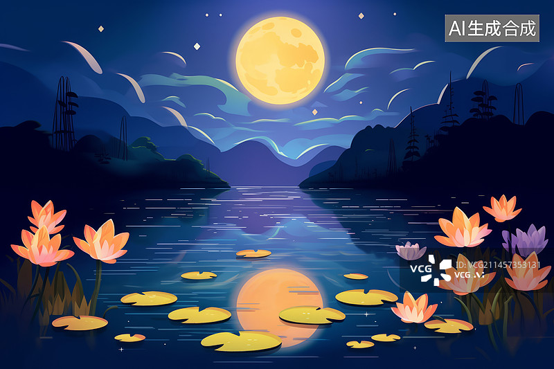 【AI数字艺术】荷塘月色满月荷花吃糖插画图片素材