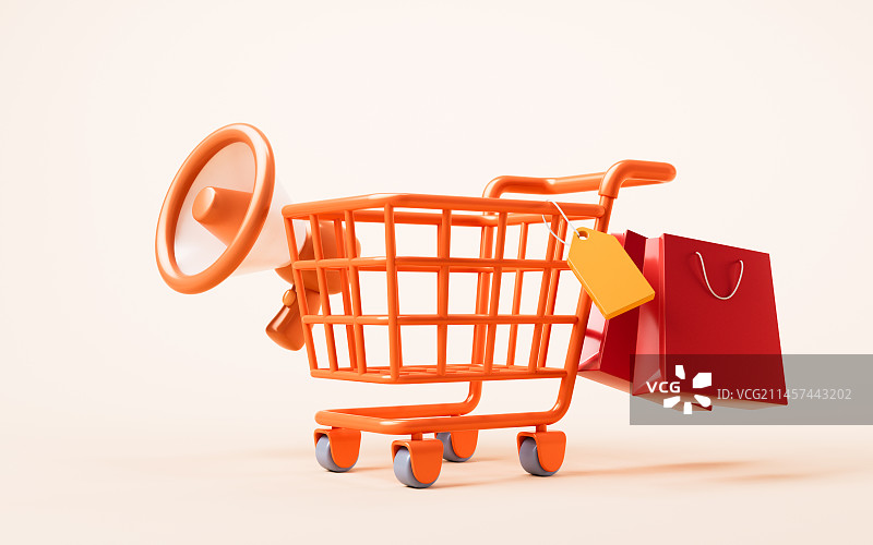 三维卡通购物车购物主题3D渲染图片素材