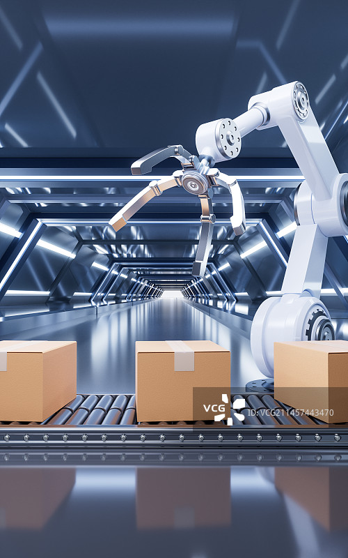 包装箱与流水线工厂3D渲染图片素材