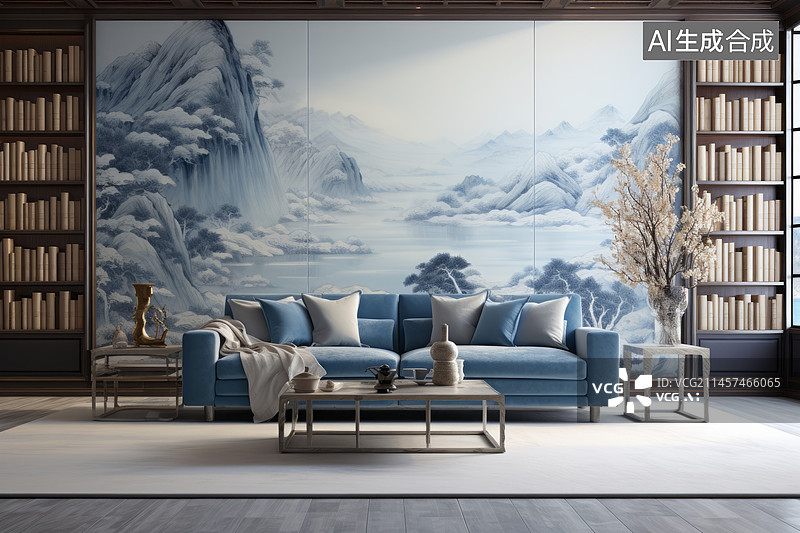 【AI数字艺术】山水画壁画沙发起居室室内装修设计概念图图片素材