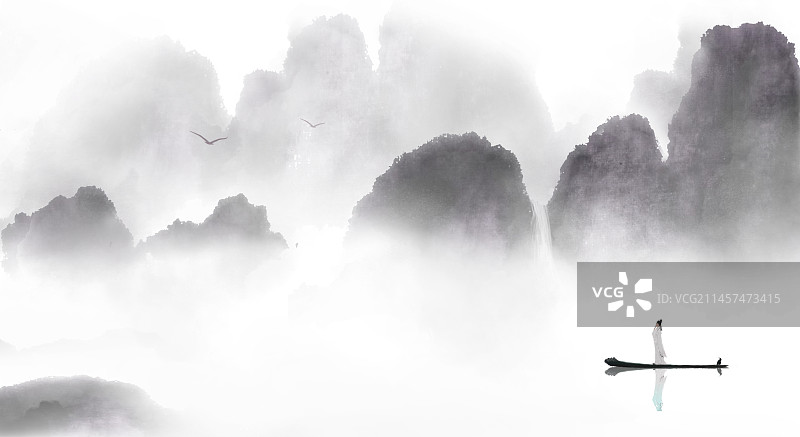 水墨山水画卷公子乘舟江中游图片素材