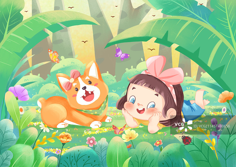 儿童插画  小狗  女孩 森林图片素材