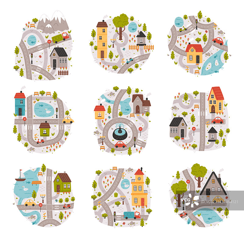 带道路汽车和房屋的卡通城市地图图片素材