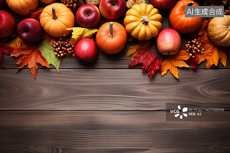 【AI数字艺术】秋天的感恩节背景。木桌上的南瓜、橡果和树叶俯视图。图片素材