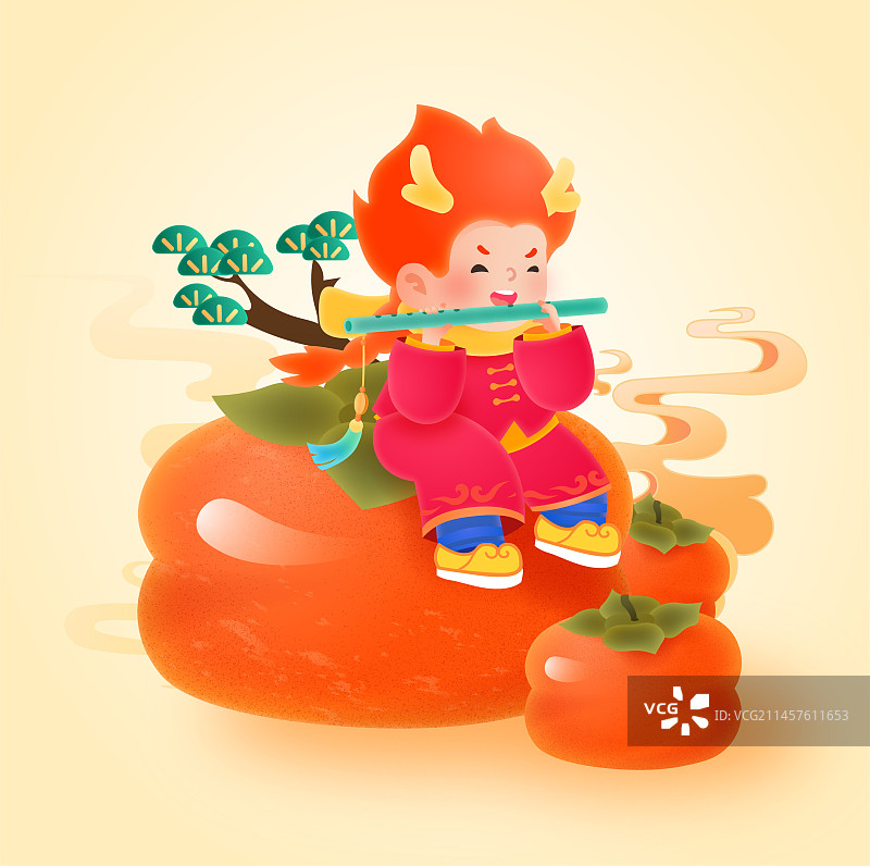 龙年春节卡通人物系列插画之事事如意吹笛子图片素材