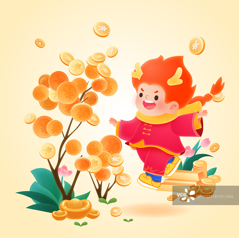 龙年春节卡通人物系列插画之发财树摇钱树财源广进图片素材