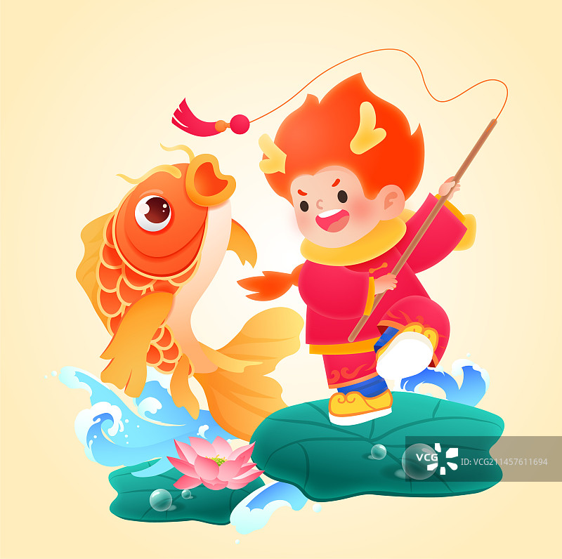 龙年春节卡通人物系列插画之童子钓鱼图片素材