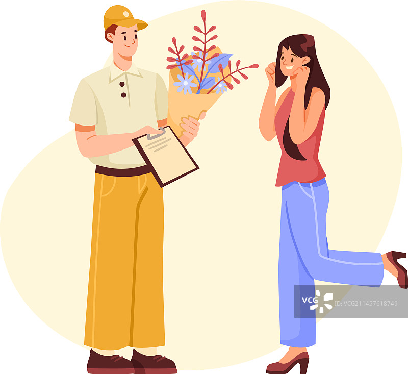 男子送货快递员给女子送花束图片素材