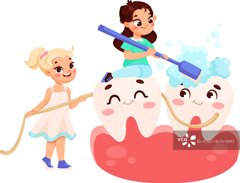 小女孩清洁大牙齿的牙齿护理图片素材