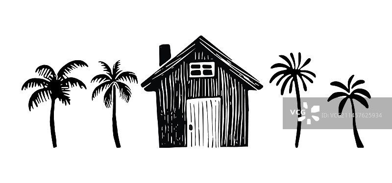 异想天开的海滩小屋版画图片素材