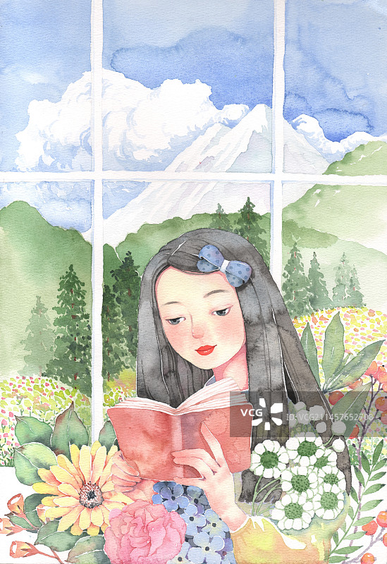 超清新唯美水彩人物插画 在窗户前读书的女孩图片素材