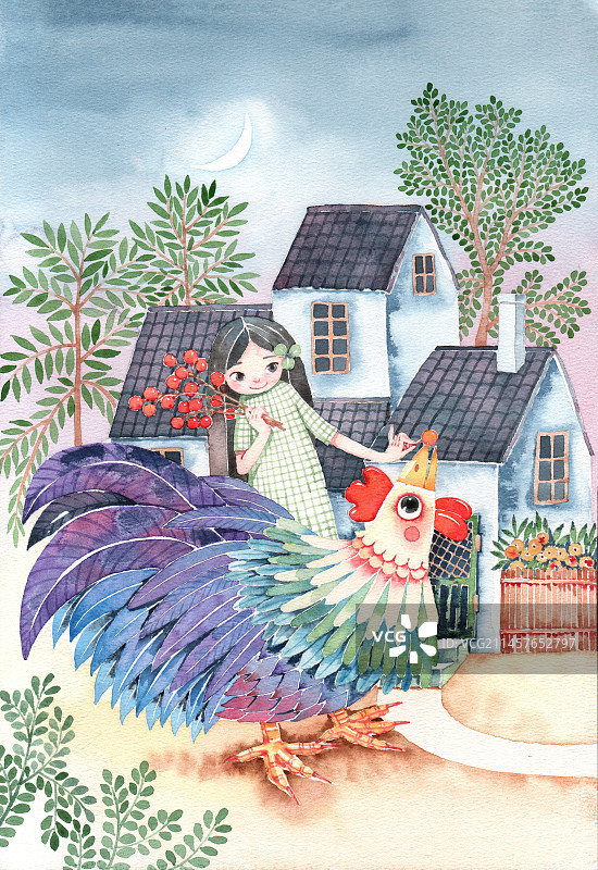 超清新唯美水彩人物插画 一个女孩和一只大公鸡图片素材