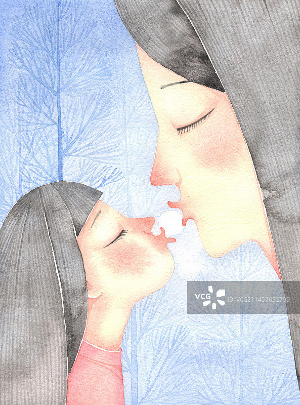 超清新唯美水彩人物插画 妈妈和女儿闭眼亲亲图片素材
