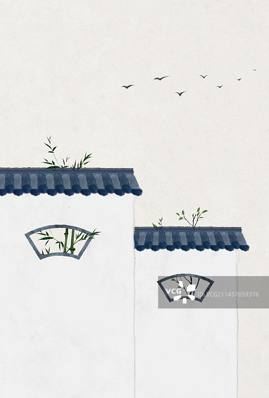 古墙园林建筑中式插画图片素材