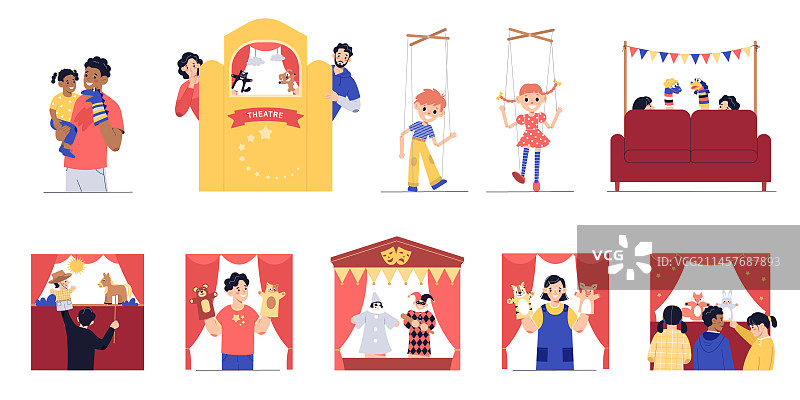 木偶戏扁平风格组合图片素材