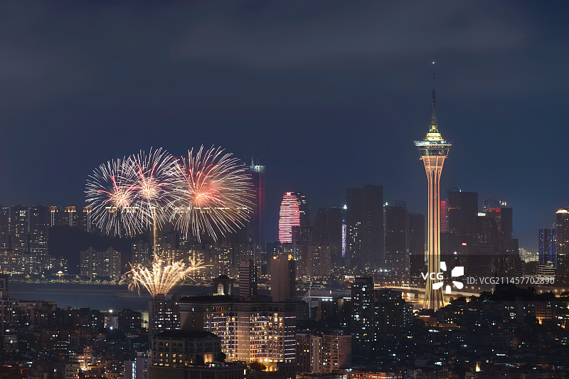 澳门塔烟花城市夜景图片素材