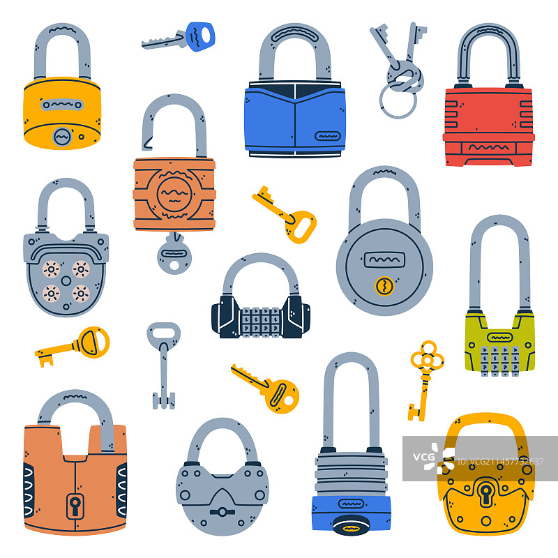不同的金属锁和钥匙机械装置图片素材