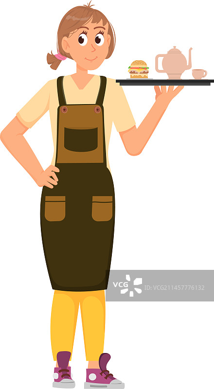 卡通女服务员与食物托盘图片素材