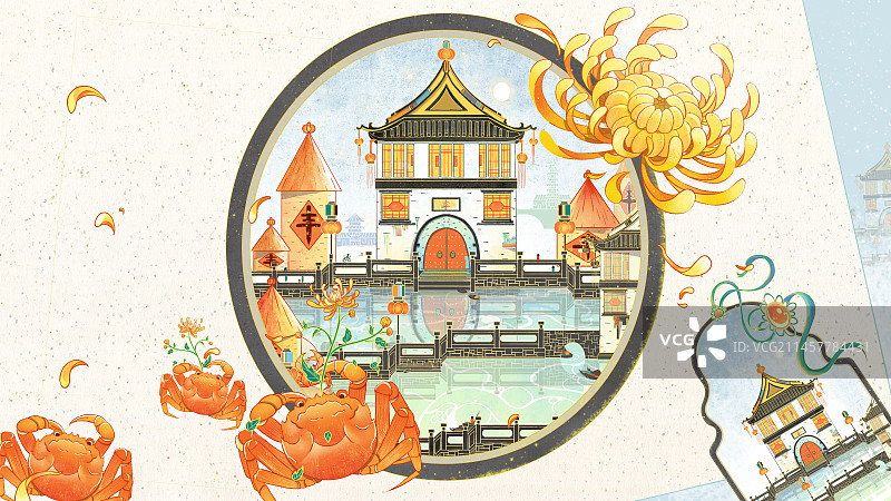 秋天螃蟹菊花国潮插画图片素材