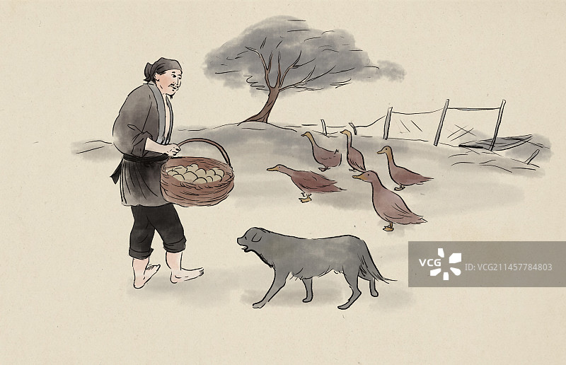 中国风新中式古风古典传统文化古人古装乡村乡下村民农民养殖田园风光水墨风水墨画原生态家乡风景插画图片素材