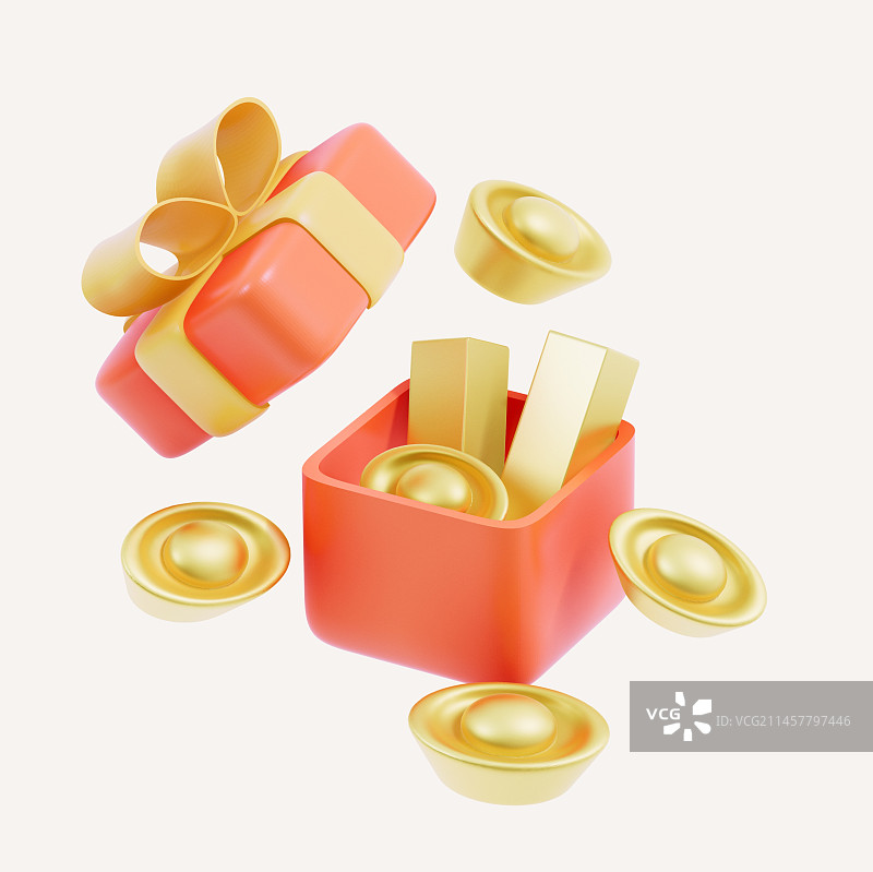 装着金条和金元宝的礼盒3D插画图片素材