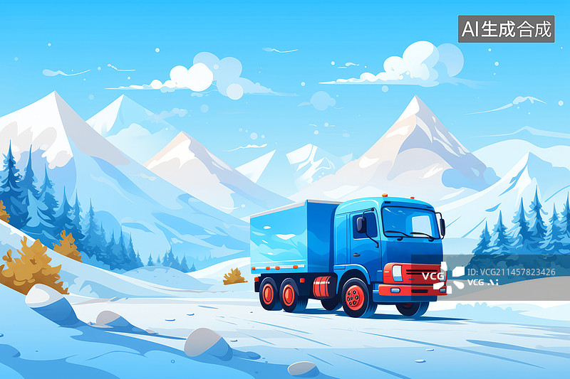 【AI数字艺术】冬季雪景开车运输货运物流卡通插画图片素材