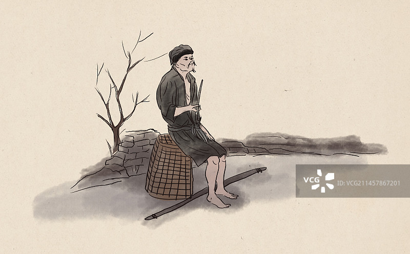 中国风新中式古风古典传统文化古人古装田园风光自然环境农村乡下乡村乞丐挑夫长工老人劳动插画图片素材