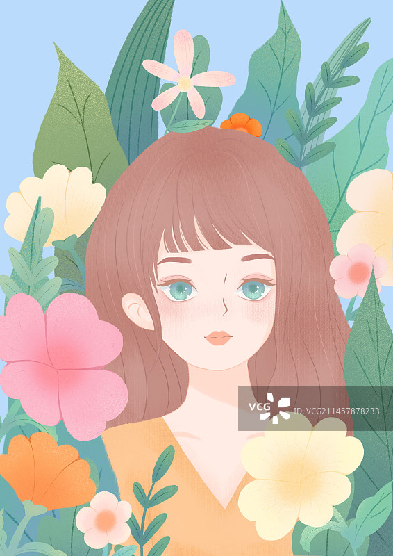 森系花丛女孩，扁平风肌理感图片素材