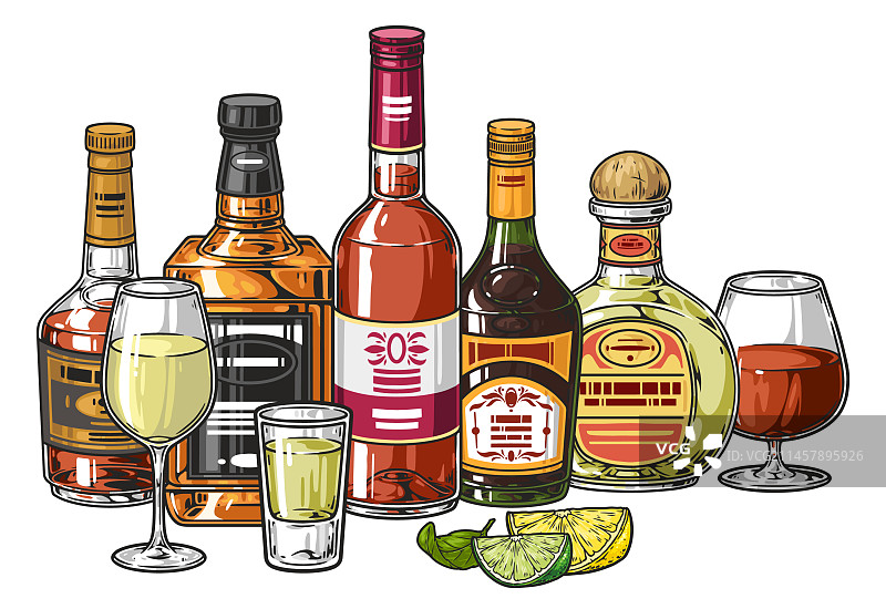 彩色标签酒吧的酒精饮品图片素材