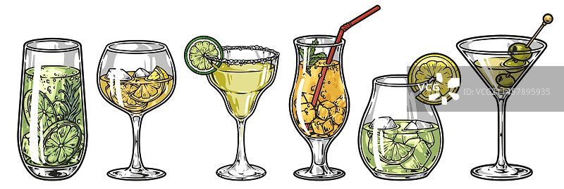 低酒精鸡尾酒彩色元素套装图片素材