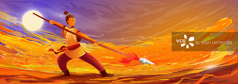 封神榜剑客英雄少年舞动银枪天地火焰化龙插画图片素材