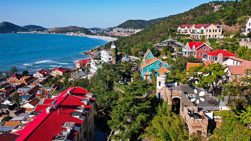 古堡童话 欧洲风情，航拍青岛市崂山区天鹅堡图片素材