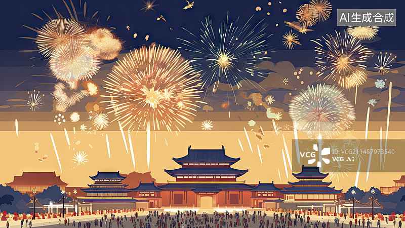 【AI数字艺术】中国传统建筑上的烟花图片素材