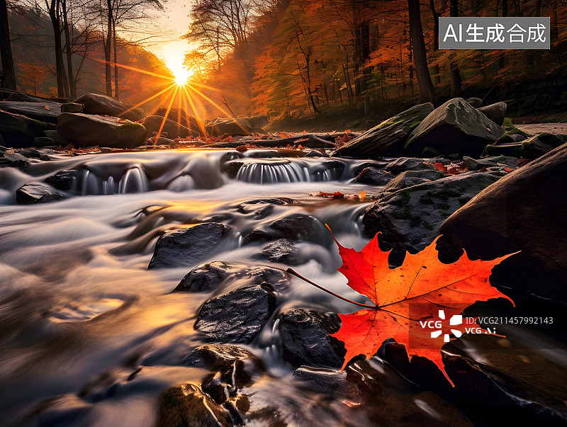 【AI数字艺术】月历设计：秋天森林中的小溪图片素材