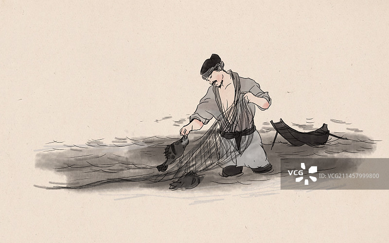 中国风新中式古风古典传统文化田园风光世外桃源渔夫打鱼湖上湖面生态环境风景插画图片素材