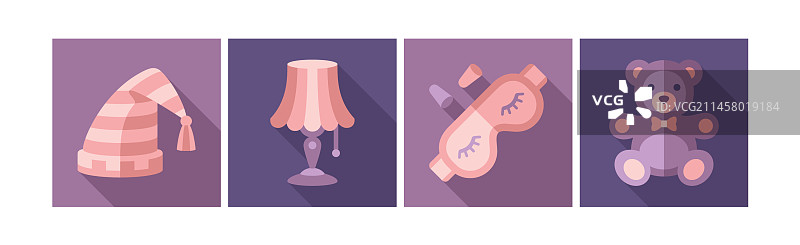 睡眠时间扁平风格图标和方形物体图片素材