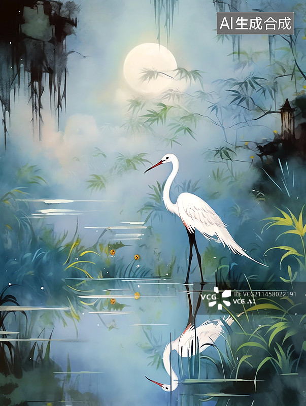 【AI数字艺术】月光下在湖边散步的白鹭图片素材