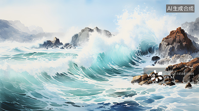 【AI数字艺术】AIGC:海浪拍打着岩石 户外风景 自然图片素材
