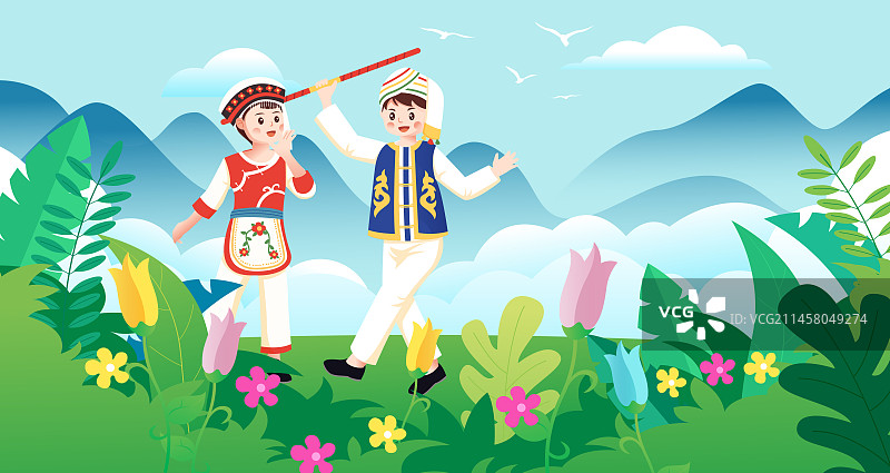 中华传统56个民族少数民族白族人物矢量插画海报图片素材