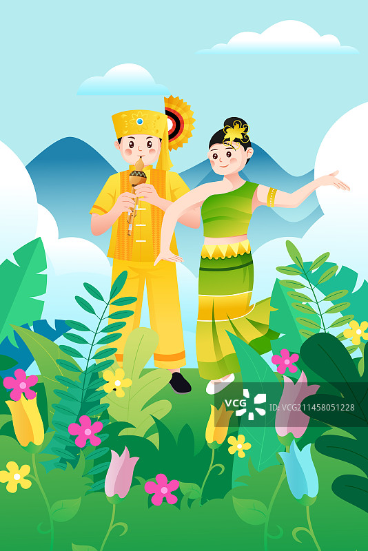 中华传统56个民族少数民族傣族人物矢量插画海报图片素材