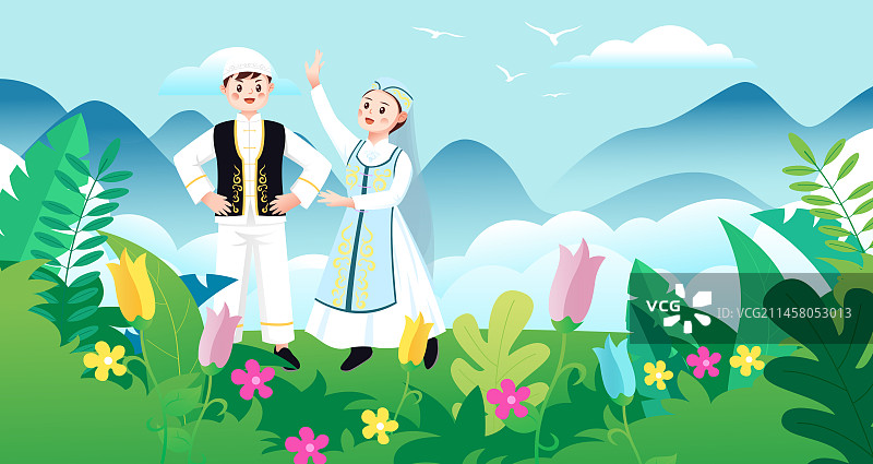 中华传统56个民族少数民族回族人物矢量插画海报图片素材