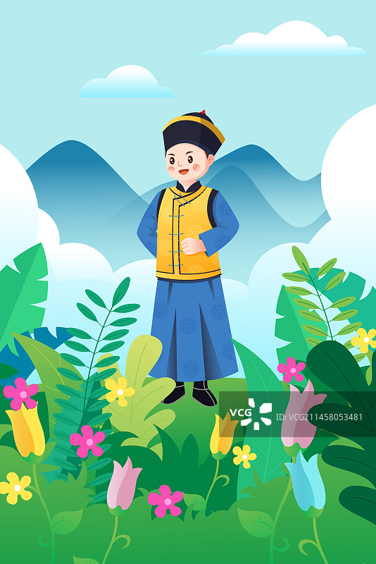 中华传统56个民族少数民族满族人物矢量插画海报图片素材