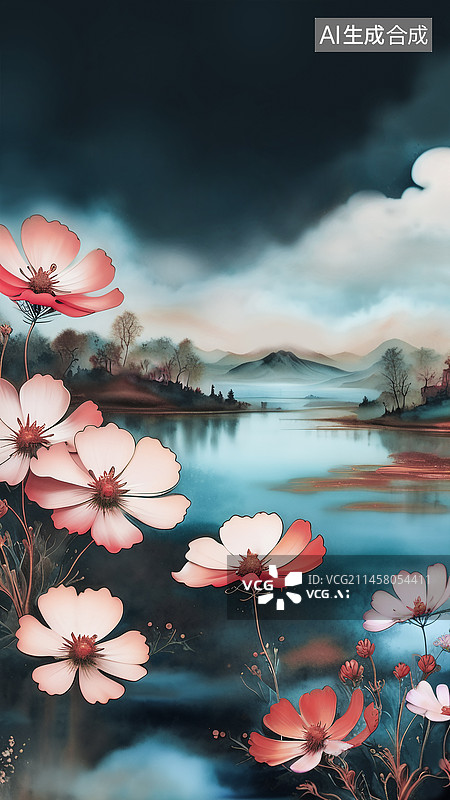 【AI数字艺术】格桑花和静谧的湖面夜景图片素材