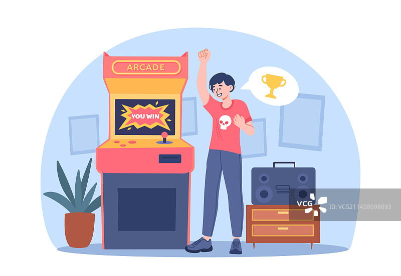 男孩赢得街机游戏图片素材