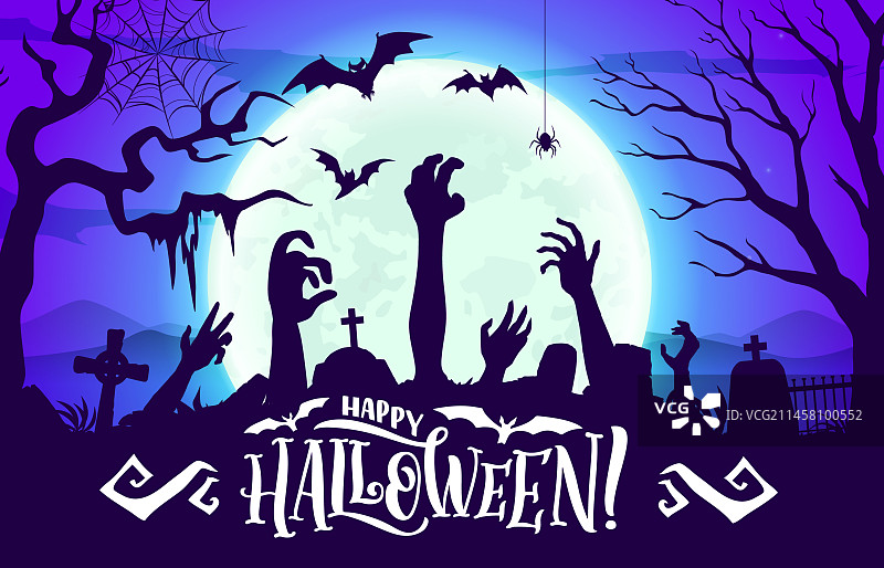 万圣节午夜月亮僵尸手墓地图片素材