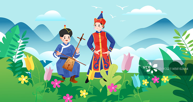 中华传统56个民族少数民族蒙古族人物矢量插画海报图片素材