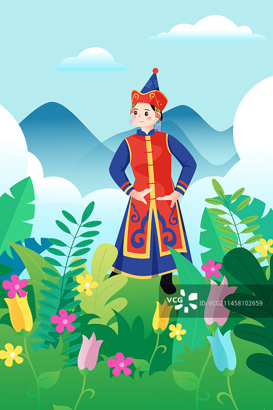 中华传统56个民族少数民族蒙古族人物矢量插画海报图片素材