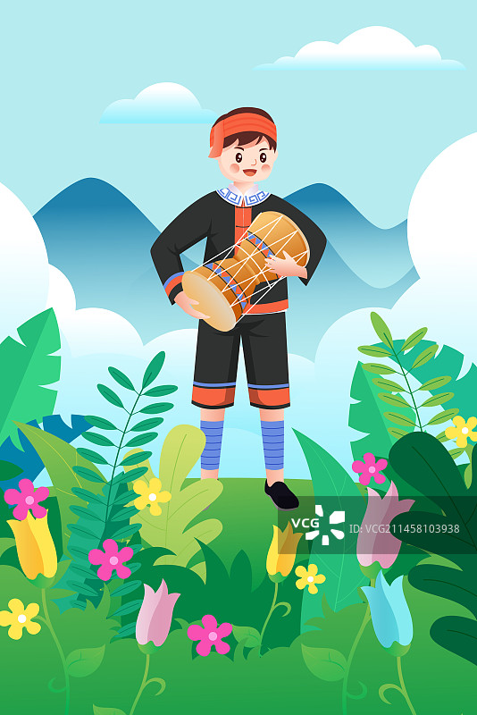 中华传统56个民族少数民族瑶族人物矢量插画海报图片素材