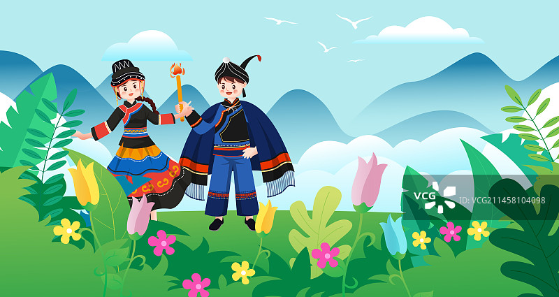 中华传统56个民族少数民族彝族人物矢量插画海报图片素材